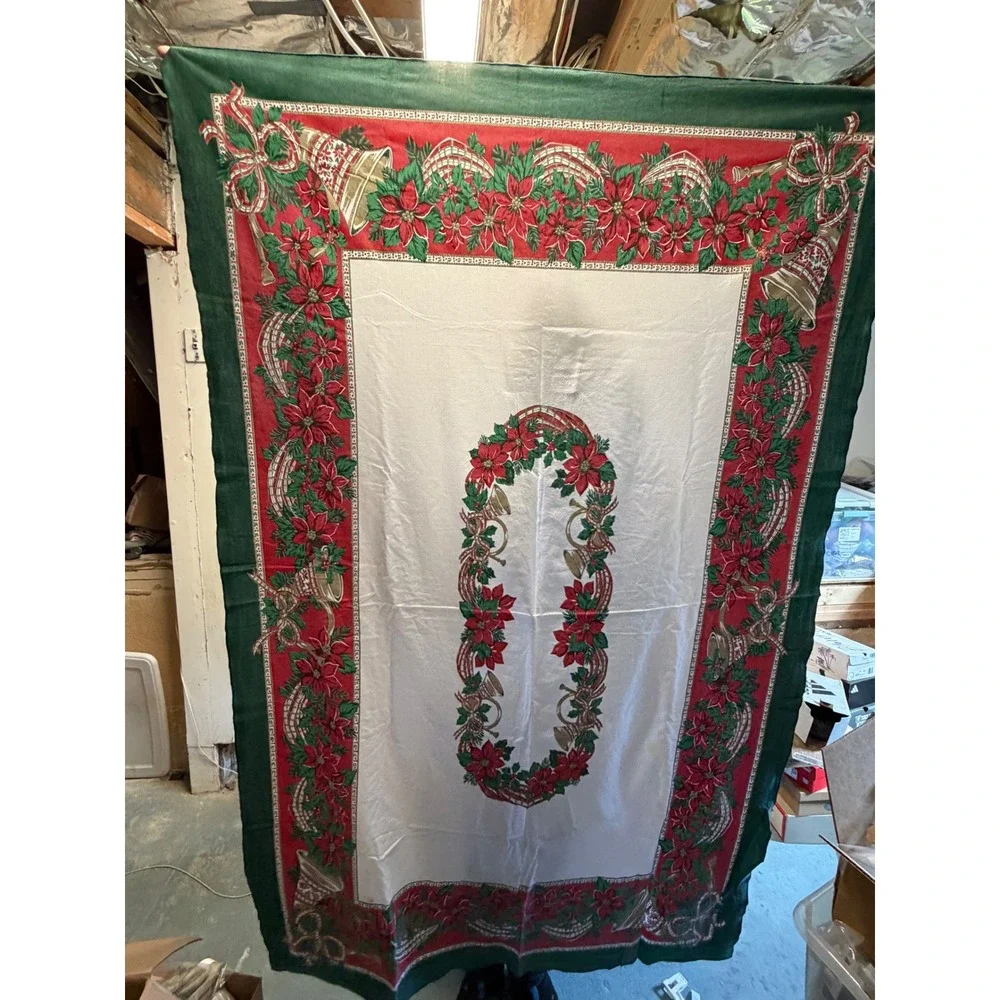 Vintage 90s Christmas‎ Tablecloth and 8 Napkins Set Poinsettia Bells Green Red
